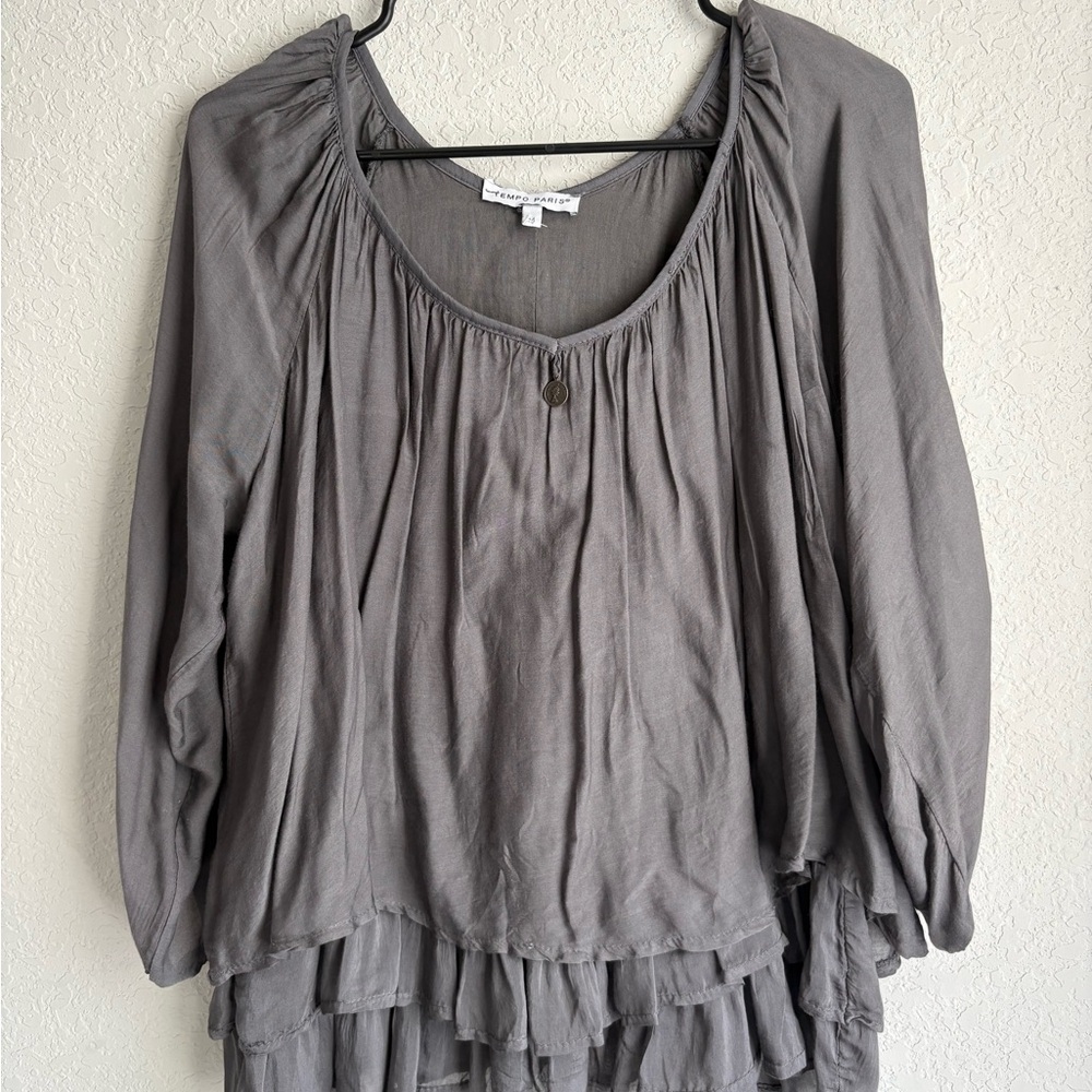 Tempo Paris Charcoal Ruffled Peasant Blouse